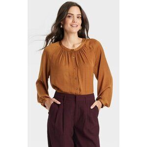 A New Day Brown Pleated Button-Down Balloon-Sleeve Silky Peasant Top XL NWT